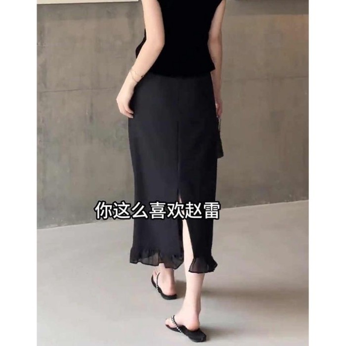 Váy nữ lưng xù xù đen phong cách mới, phù hợp mùa hè, có độ co giãn cao cấp.