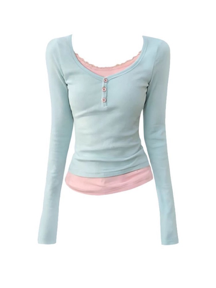 Áo thun dài tay cổ Henley phối ren giả hai mảnh dành cho nữ đầu xuân phong cách Hàn Quốc mỏng ngắn