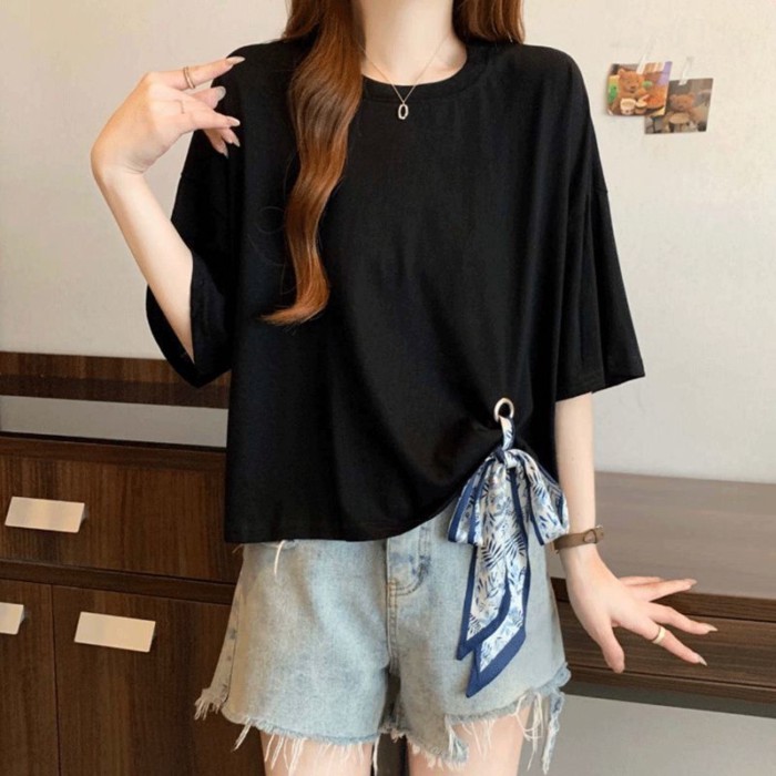 Áo Thun Nữ Ren-Up Niche Tay Ngắn Form Rộng, Phù Hợp Mùa Hè
