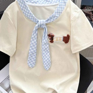 Trẻ em vừa và lớn cún con thêu kẻ sọc thắt nơ áo thun ngắn tay nữ mùa hè dáng ôm vai phải áo ngắn