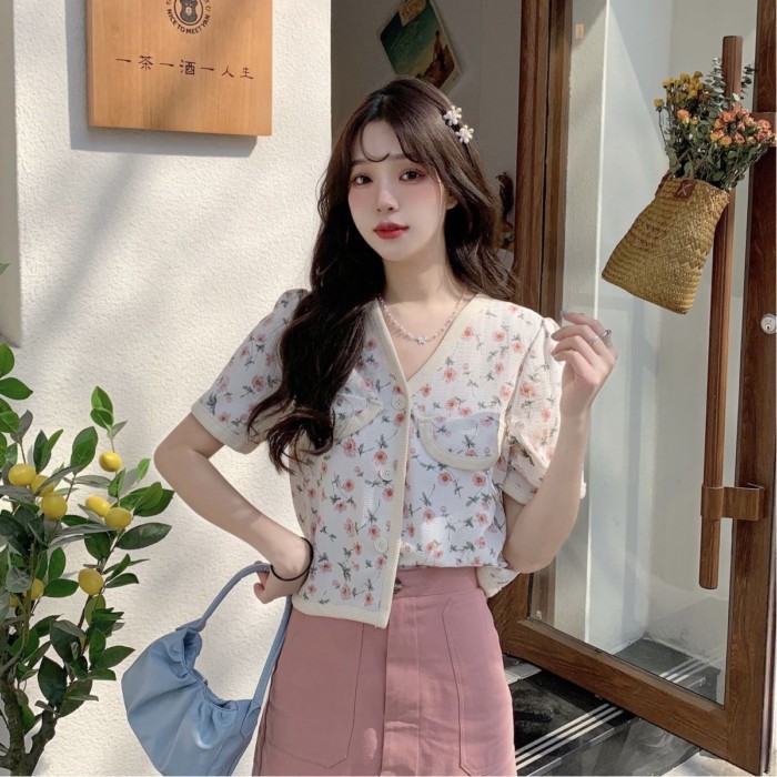 Áo sơ mi ngắn tay hoa kiểu Pháp dành cho nữ, áo ngắn cổ chữ V phong cách retro mùa hè mới