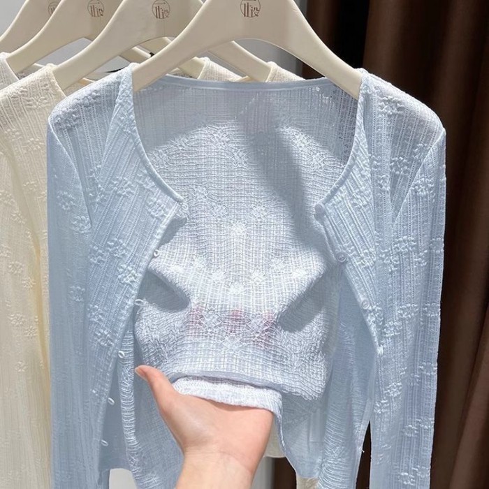 Váy treo ren jacquard, áo cardigan, áo dài tay mùa hè, khăn choàng mỏng đi biển cho nữ, kết hợp