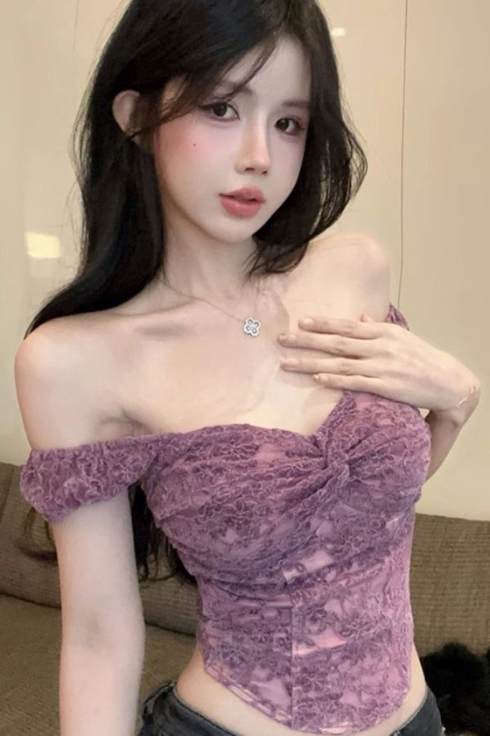 áo yếm nối ren màu tím Áo khoác ngoài nữ một vai áo ống xương đòn cho nữ