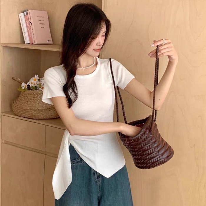 Áo Phông Nữ Tay Ngắn Không Đều Sang Trọng Mùa Hè Mới Slim Fit Thắt Nơ Cổ Tròn Dệt Kim Chia Top