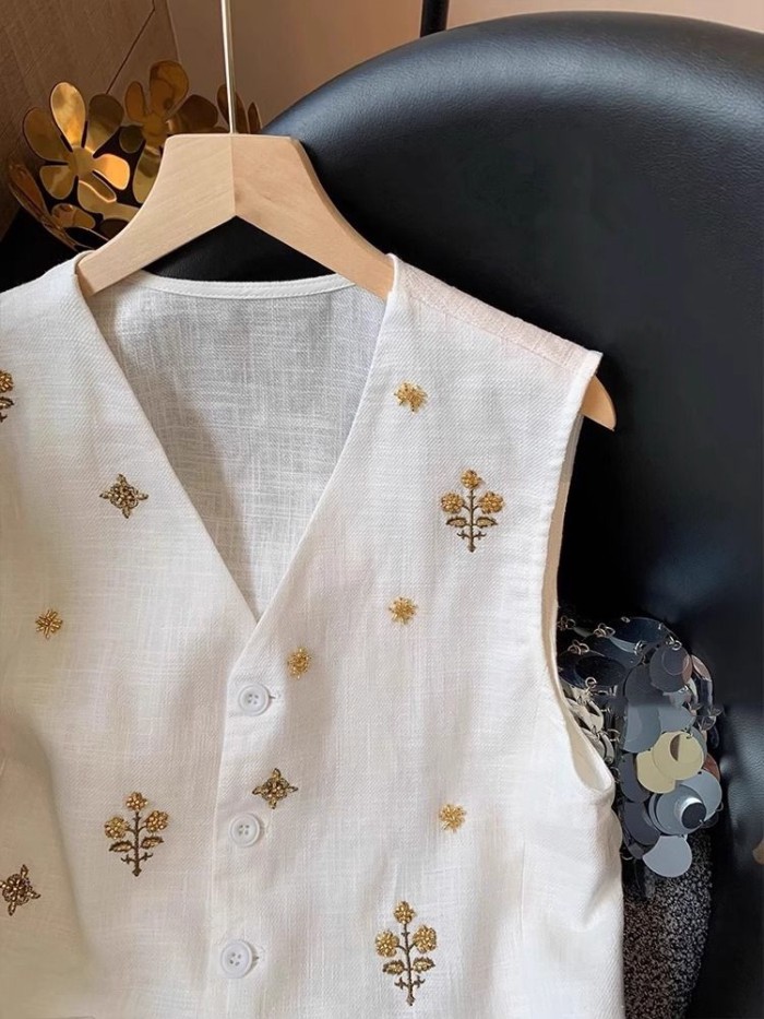 Áo vest cổ chữ V thêu đính cườm nặng đơn giản dành cho nữ mùa hè khí chất áo vest không tay bằng vả