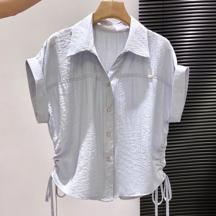 Ve Áo Áo Sơ Mi Tay Ngắn Nữ Mùa Hè Mới Dây Rút Giảm Béo Rời Đa Năng Ngắn Cổ Polo Top