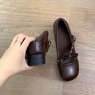 7cm Nhỏ Bên Trong Chiều Cao Tăng Thu Đông Phong Cách Mới Giày Nữ Retro Nâu Nông Miệng Dày Gót Cao Mary Jane Giày Da Nhỏ