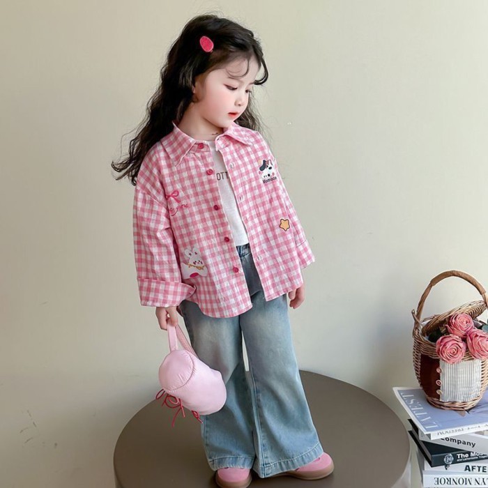 Áo Sơ Mi Nữ Mới Áo Kẻ Sọc Hàn Quốc Trẻ Em Thời Trang Xuân Thu Hoạt Hình Áo Sơ Mi Dài Tay