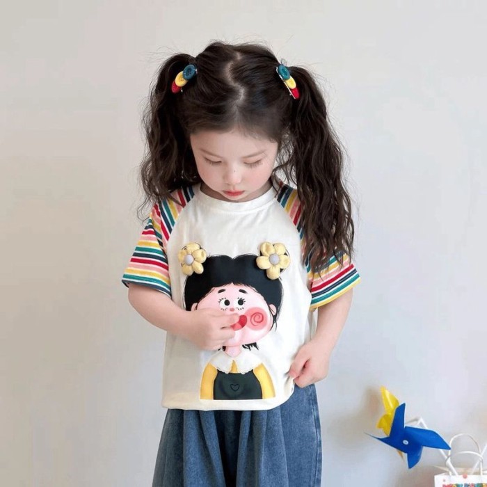 bộ quần áo mùa hè ngắn tay cho bé phong cách mới phong cách trẻ em in hoạt hình sọc chặn màu áo