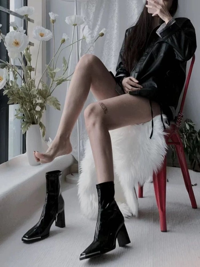 Giày Bốt Martin Nữ Mùa Hè Đơn Giày Bốt Gót Dày Mũi Vuông Co Giãn Ôm Giày Bốt Da Sáng Chế Giày Cao G