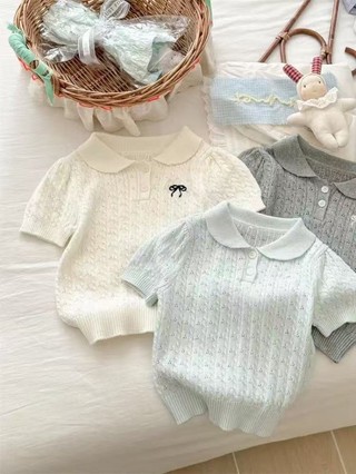 Quần áo bé gái mùa hè phong cách Hàn Quốc có nơ, tay ngắn, áo len thời trang