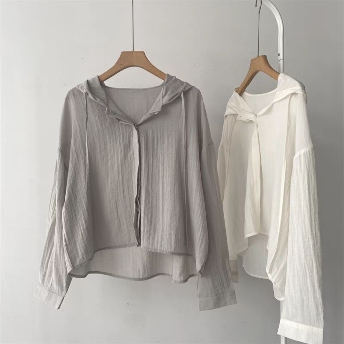 Áo sơ mi dài tay mỏng phong cách Hàn Quốc dành cho nữ mùa hè áo khoác hoodie dáng rộng và thông
