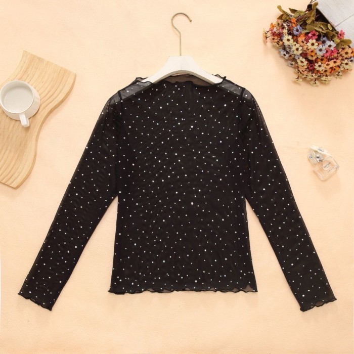 Áo thun dài tay cổ chữ V đính sequin độc đáo và tinh tế thời trang nữ hơi trong mờ Slim Fit Top