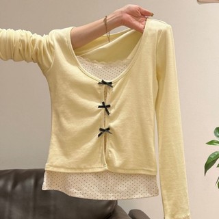 Áo thun dài tay giả hai mảnh phối nơ cổ vuông đa năng dành cho nữ mùa xuân thu, áo trẻ em trung niê
