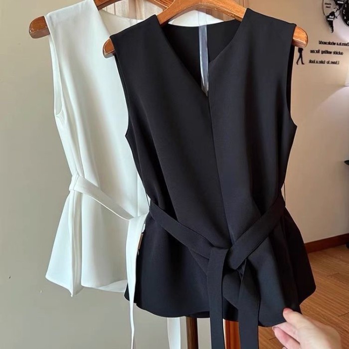 Thắt lưng phù hợp với áo vest nữ mỏng cao cấp áo ghi lê mặc ngoài khí chất không tay xếp tầng hàng