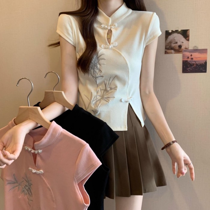 phong cách quốc gia dành cho nữ phong cách mới phong cách Trung Hoa mới cổ đứng đính nút áo thun
