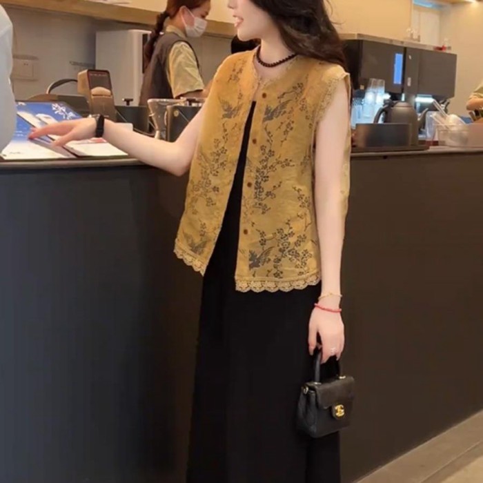 Mùa Hè Phong Cách Mới Trung Quốc Ren Jacquard Áo Cardigan Tính Khí Ôm Tay Rỗng Mỏng Top