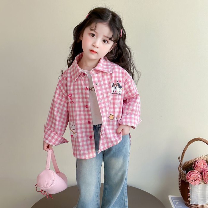 Áo Sơ Mi Nữ Mới Áo Kẻ Sọc Hàn Quốc Trẻ Em Thời Trang Xuân Thu Hoạt Hình Áo Sơ Mi Dài Tay