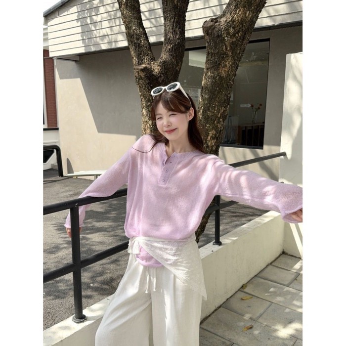 Áo len dài tay đơn giản màu trơn cổ mở nửa mùa xuân sang trọng mềm mại và dáng rộng bằng sáp