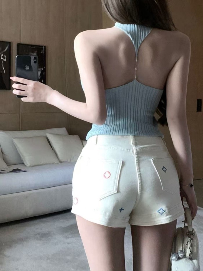 Lan ~ Quần Short Denim Eo Cao Thêu Ngôi Sao Phong Cách Công Nghiệp Nặng
