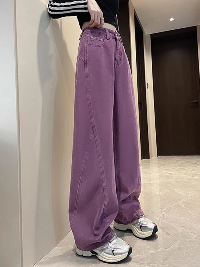 Quần Jeans ống rộng màu tím cho nữ mùa đông kiểu dáng mới Slim, thời trang và rộng rãi