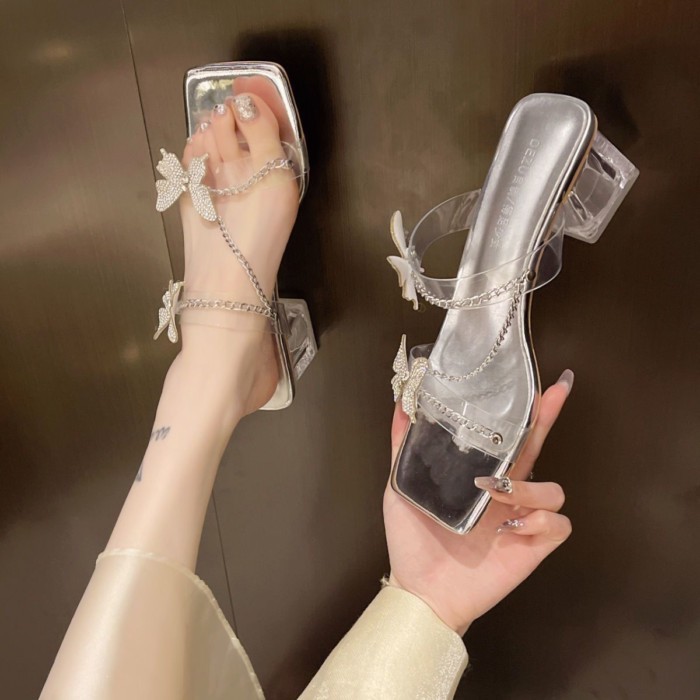 Dép Xăng Đan Nữ Du Lịch Tinh Tế Phong Cách Cổ Tích Dây Bướm Bạc Gót Vừa Trong Suốt