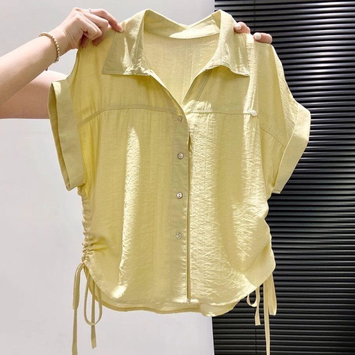 Ve Áo Áo Sơ Mi Tay Ngắn Nữ Mùa Hè Mới Dây Rút Giảm Béo Rời Đa Năng Ngắn Cổ Polo Top