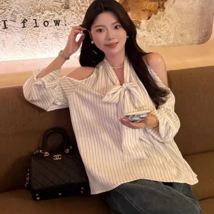 Áo trễ vai sọc hàn quốc, sơ mi dài tay nữ tính, áo đầu thu