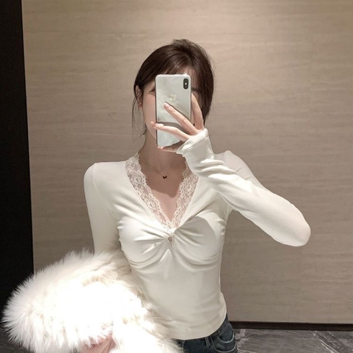 mẫu áo thun ngắn tay dài phối ren phong cách mới mùa xuân thu dành cho nữ