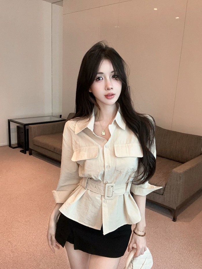 Retro sang trọng cao cấp cổ POLO ba phần tư tay áo sơ mi ôm dành cho nữ thiết kế xuân thu eo