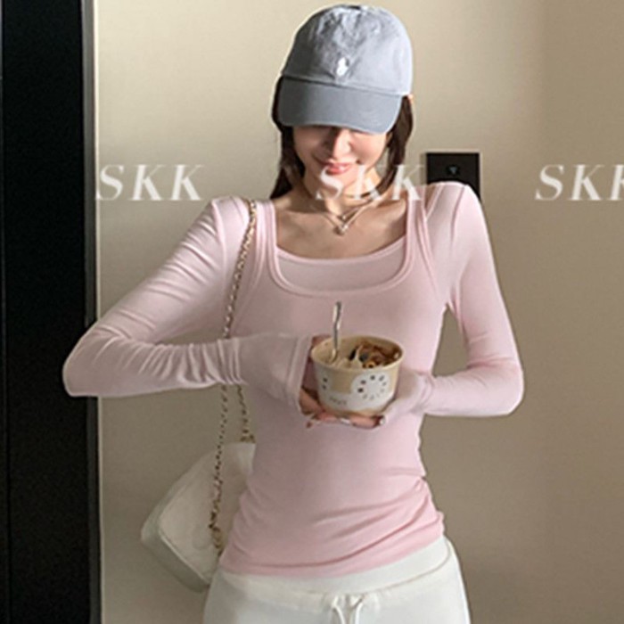 Áo thun ngắn tay ngắn cotton nguyên chất phong cách mùa thu mới Áo hai dây giả giảm béo cho nữ