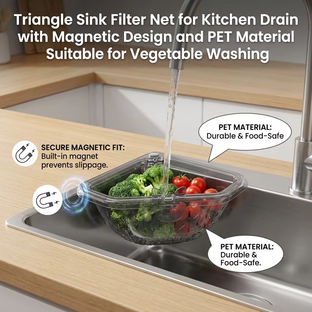Giỏ lọc bồn rửa hình tam giác từ tính Máy bắt thức ăn & Giỏ thoát nước cho trái cây Rau củ, Dụng cụ sắp xếp bồn rửa nhà bếp góc