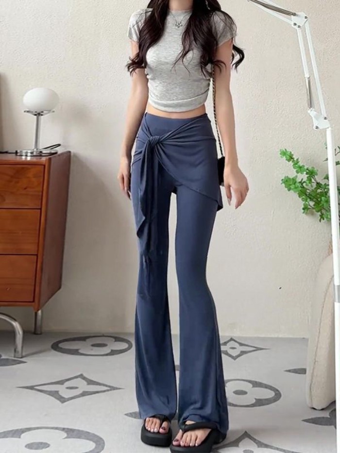 quần ống rộng ống loe siêu nhỏ hai mảnh giả niche dành cho nữ, quần dài xếp tầng ôm sát mùa hè m