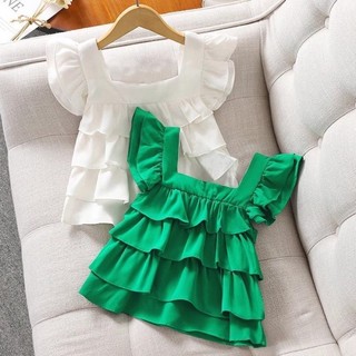 Áo babydoll ngắn tay bé gái, áo thun tay bay thời trang đa năng cho bé gái, áo vest diềm xếp nếp bé