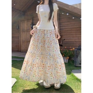 Tính khí Nhẹ nhàng Váy hoa lưng cao 2025 Mùa xuân hè mới Thiết kế váy dài dáng rộng Slim Casual