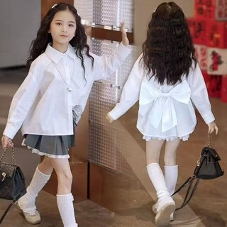 Áo sơ mi dài tay mùa xuân cho bé gái, áo sơ mi bên ngoài nơ dễ thương thời trang giản dị cho trẻ em