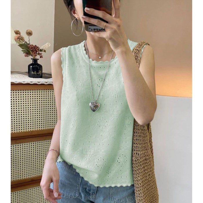 Mùa hè băng lụa rỗng chất lượng không khí ren cổ tròn không tay kích thước lớn dệt kim đáy áo vest