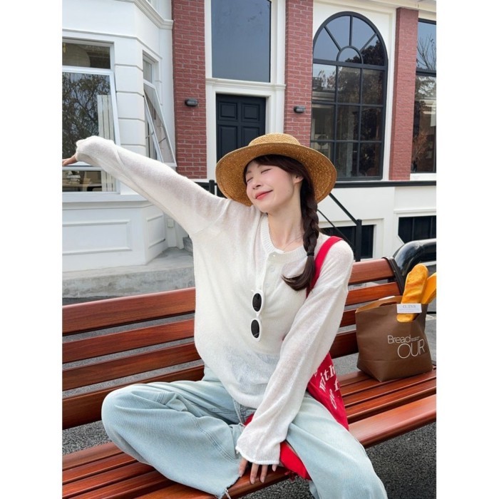 Áo len dài tay đơn giản màu trơn cổ mở nửa mùa xuân sang trọng mềm mại và dáng rộng bằng sáp