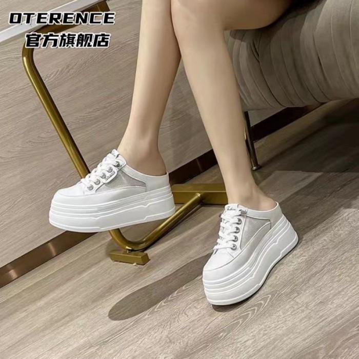 Giày lười lưới mùa hè nửa cốc màu trắng dành cho nữ Giày đế dày Baotou bên trong tăng chiều cao của