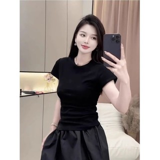Màu Trơn Vai Phải Áo Thun Nữ Tay Ngắn Cổ Tròn Nữ Mùa Hè Mới Thời Trang Slim Fit Top