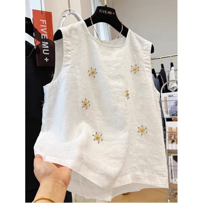 Áo vest thêu công nghiệp nặng Mùa hè nữ cao cấp Áo không tay dáng rộng dáng rộng