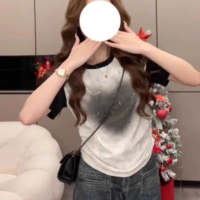Áo Thun Nữ Tay Raglan Họa Tiết Kim Cương Giả, Phong Cách Mới Hàn Quốc, Perfect Fit Summer