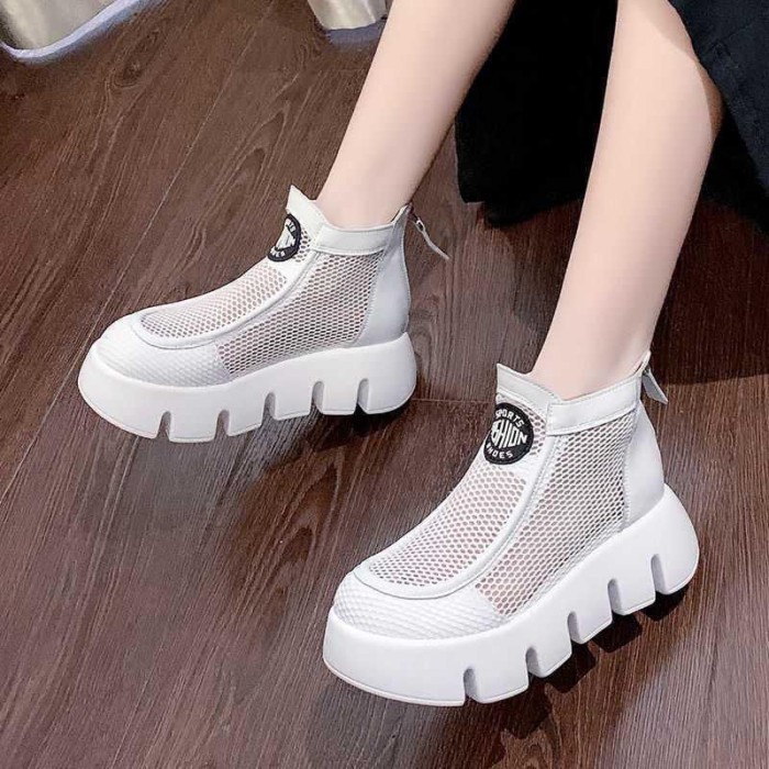 Mùa Hè Lưới Thoáng Khí Bánh Xốp Đế Dày Tăng Chiều Cao Mỏng Ngắn Giày Bốt Martin Rỗng Lưới Giày