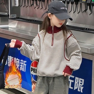 Áo len nhung sọc nửa khóa dành cho bé gái, áo cổ lọ cỡ vừa và lớn dành cho trẻ em, áo ngoài kiểu dá