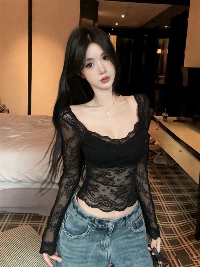 Áo ren hở lưng hình bướm xinh xắn phối ren đáy áo sơ mi ren mùa xuân dáng ôm vừa vặn