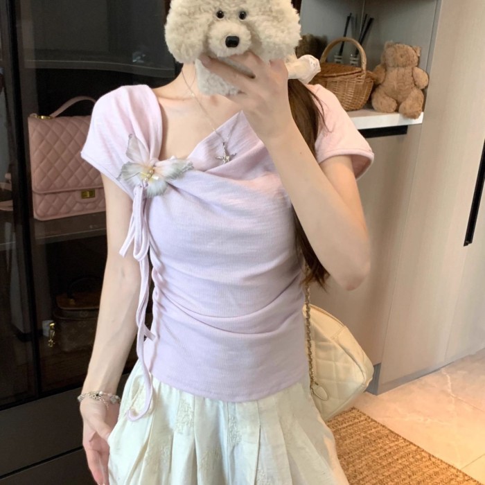 Lan ~ Size Lớn Béo mm Bướm Ren Pure Desire Hot Girl Áo Thun Nữ Tay Ngắn Mùa Hè Phong Cách Mới Thiết Kế Sense Slim-