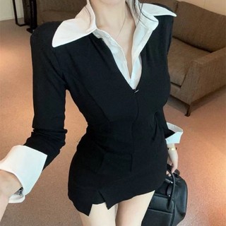 Thiết kế áo sơ mi ve áo giả hai mảnh ghép kiểu Pháp mùa xuân thiết kế cao cấp thon gọn và đẹp
