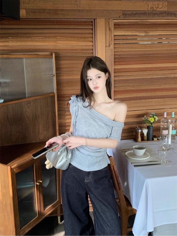 Áo thun ngắn tay hoa ba chiều nữ mùa hè có cổ xếp ly eo xếp ly