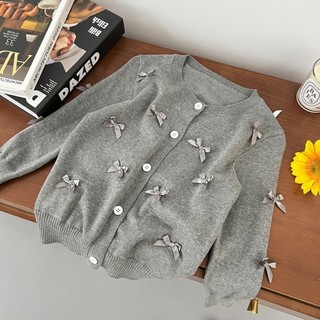 Áo Len Bé Gái Nơ Dệt Kim Cardigan Xuân Thu Áo Len Trẻ Em Phong Cách Hàn Quốc Áo Khoác Bé Gái