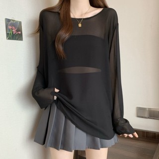 Plus Size Nữ Mùa Hè Áo Voan Dài Tay Giảm Béo Che Bụng Phối Ren Khâu Dây Áo